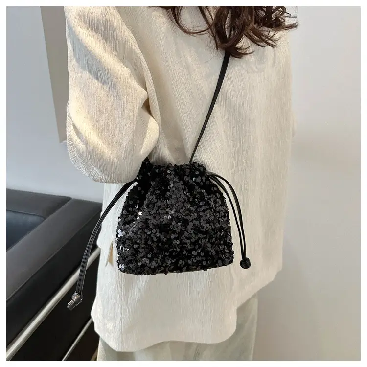 Black Sequin Drawstring Shoulder Bag for Women — feature 25