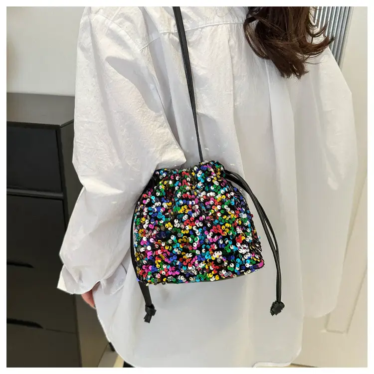 Black Sequin Drawstring Shoulder Bag for Women — feature 26