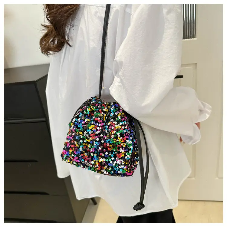 Black Sequin Drawstring Shoulder Bag for Women — feature 27