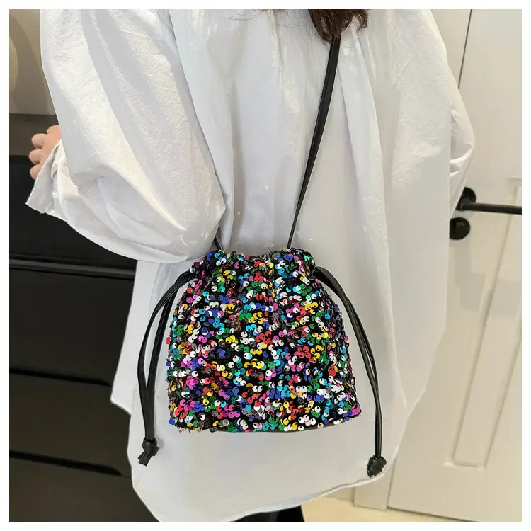 Black Sequin Drawstring Shoulder Bag for Women — feature 28