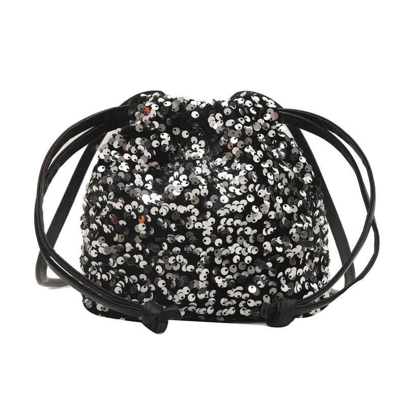 Black Sequin Drawstring Shoulder Bag for Women - Image 3