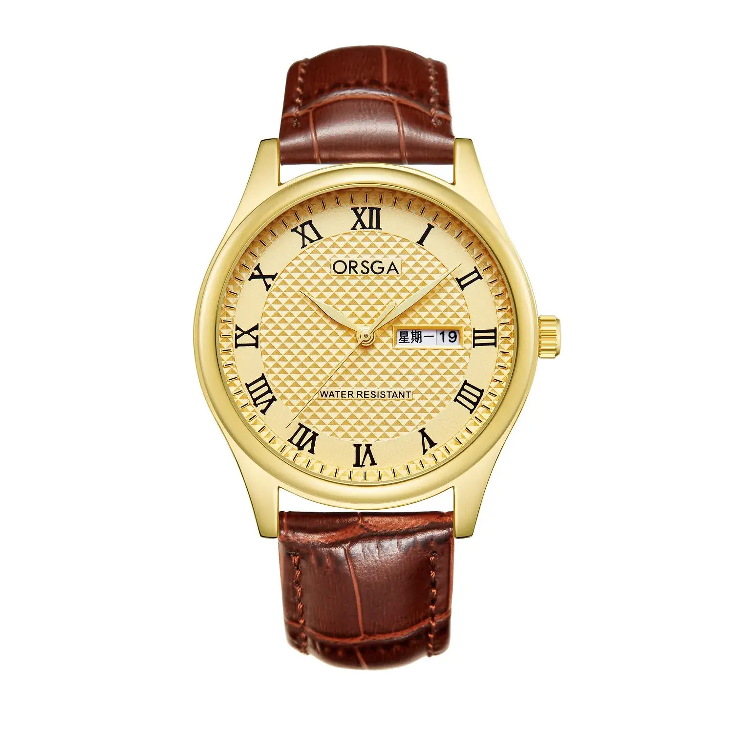 Brown leather belt gold shell gold face