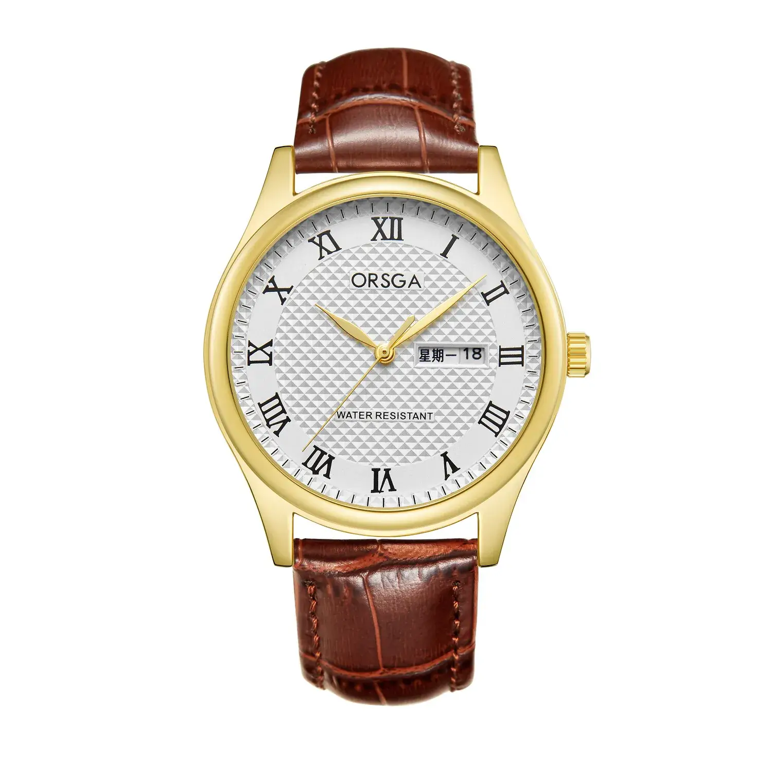 Brown leather belt gold shell white face