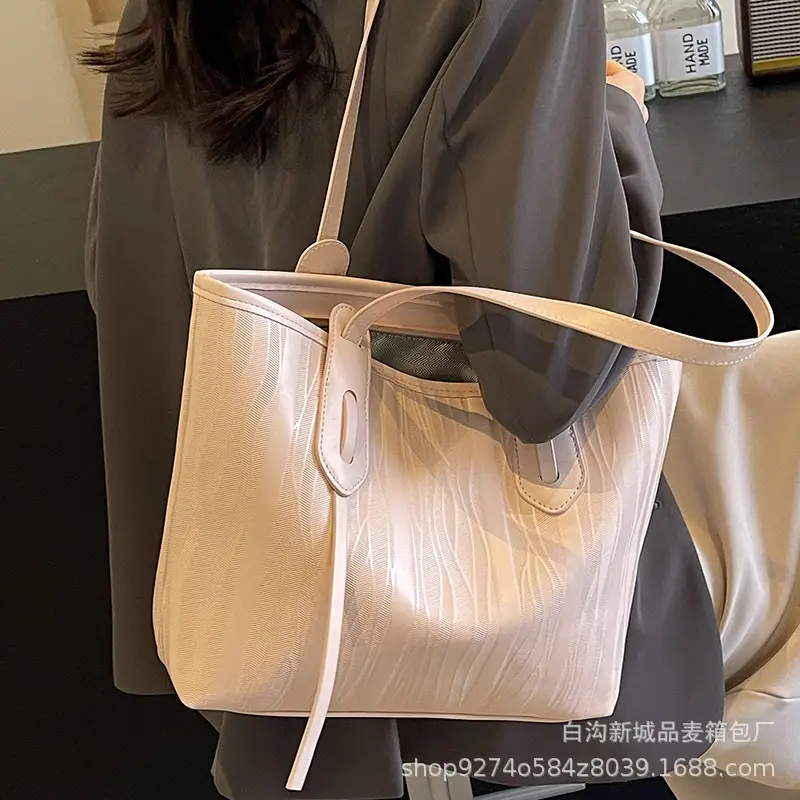 Women's Beige Ribbed Shoulder Bag Large Capacity 2026 - Image 5