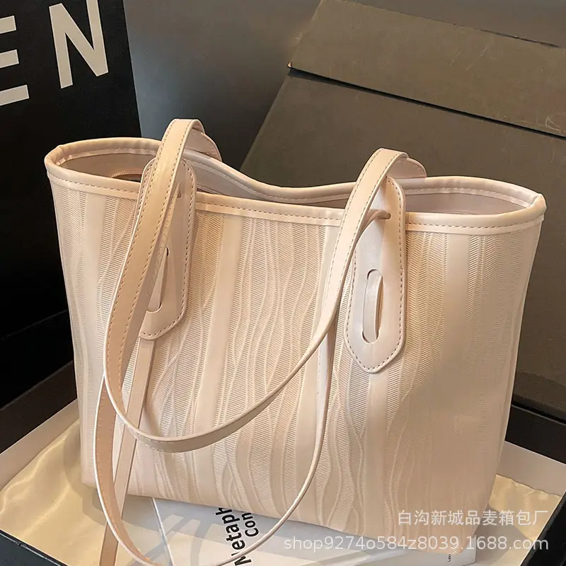 Women's Beige Ribbed Shoulder Bag Large Capacity 2026 - Image 7