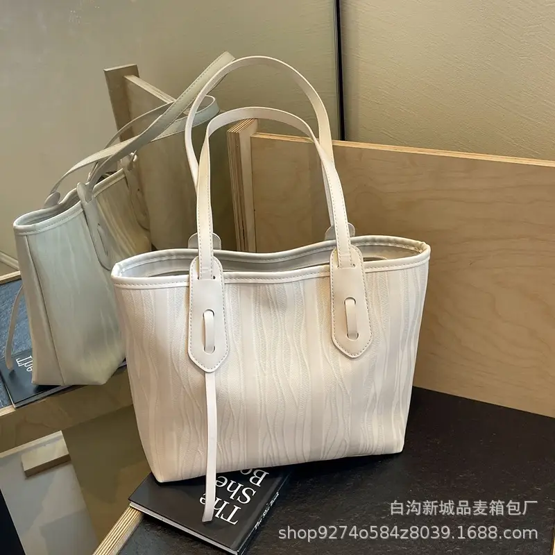 Women's Beige Ribbed Shoulder Bag Large Capacity 2026 - Image 3