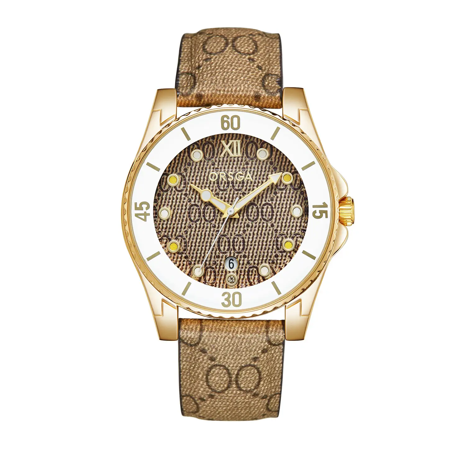 Gold Plated Women's Quartz Watch with Calendar & Brown Strap — feature 9