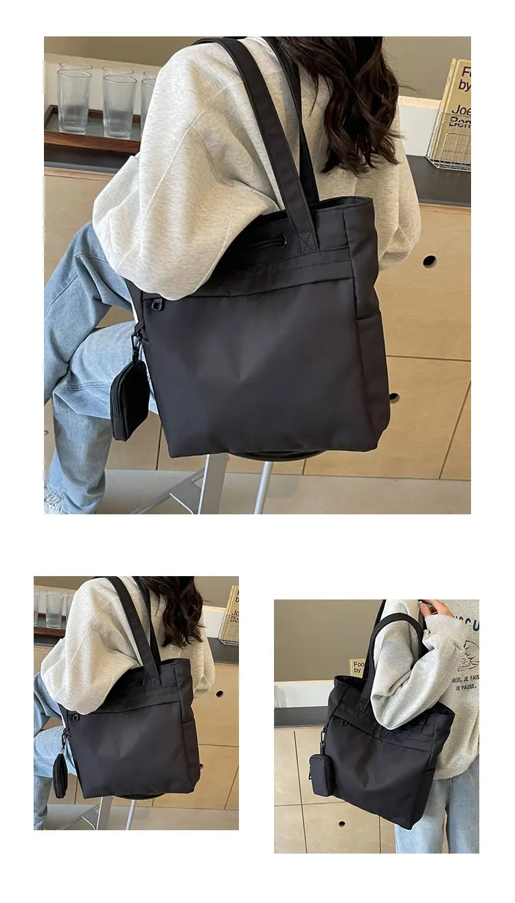 Women's Large Capacity Black Nylon Tote Bag with Zipper — feature 11