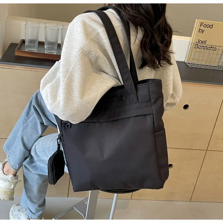 Women's Large Capacity Black Nylon Tote Bag with Zipper — feature 43