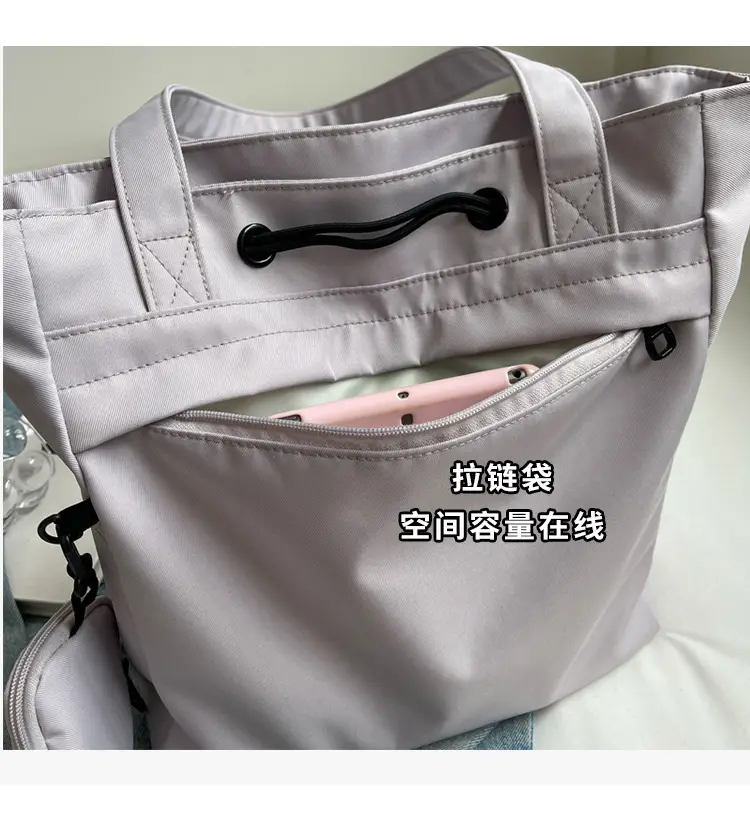 Women's Large Capacity Black Nylon Tote Bag with Zipper — feature 7