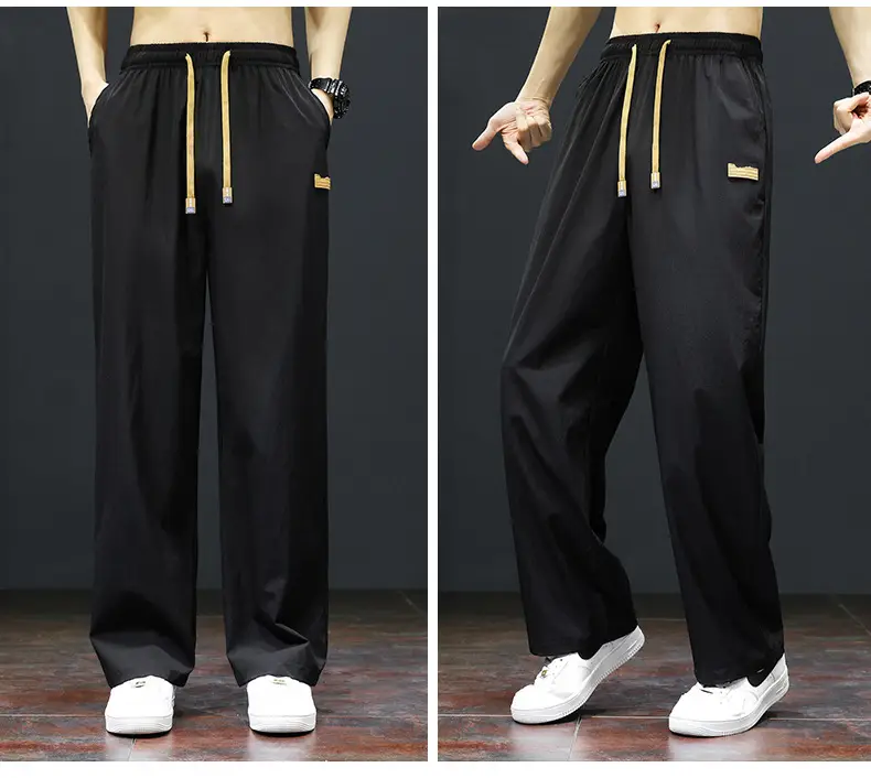 Men's Black Ice Silk Casual Shorts with Yellow Drawstring — feature 13