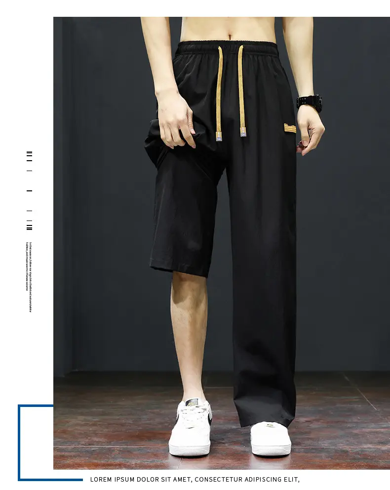 Men's Black Ice Silk Casual Shorts with Yellow Drawstring — feature 14