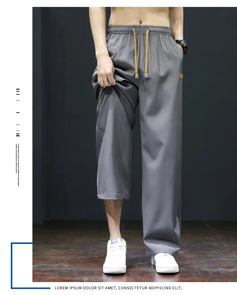 Men's Black Ice Silk Casual Shorts with Yellow Drawstring — feature 19