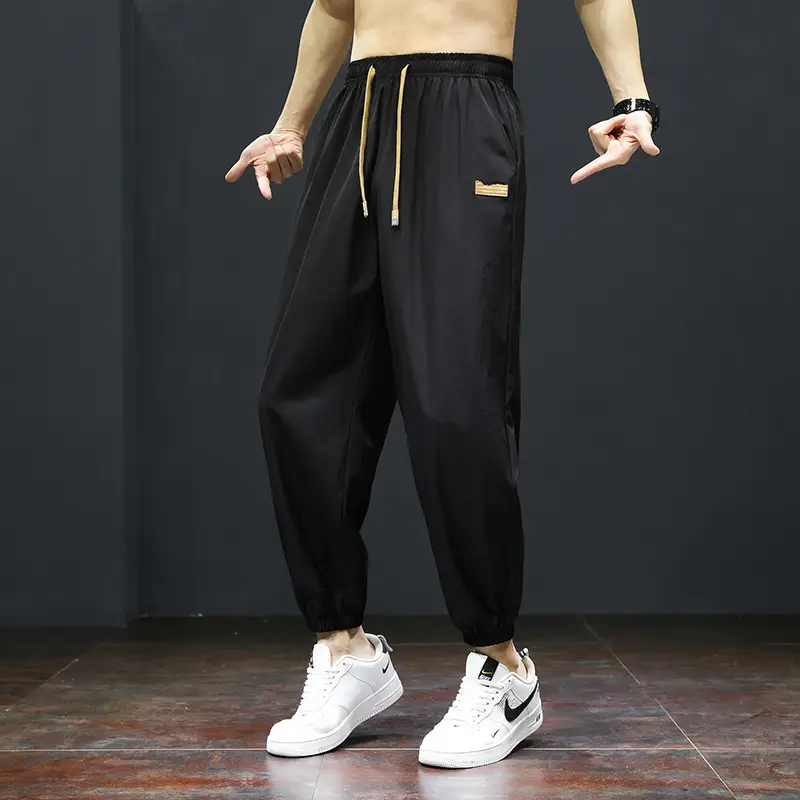 Men's Black Ice Silk Casual Shorts with Yellow Drawstring - Image 3