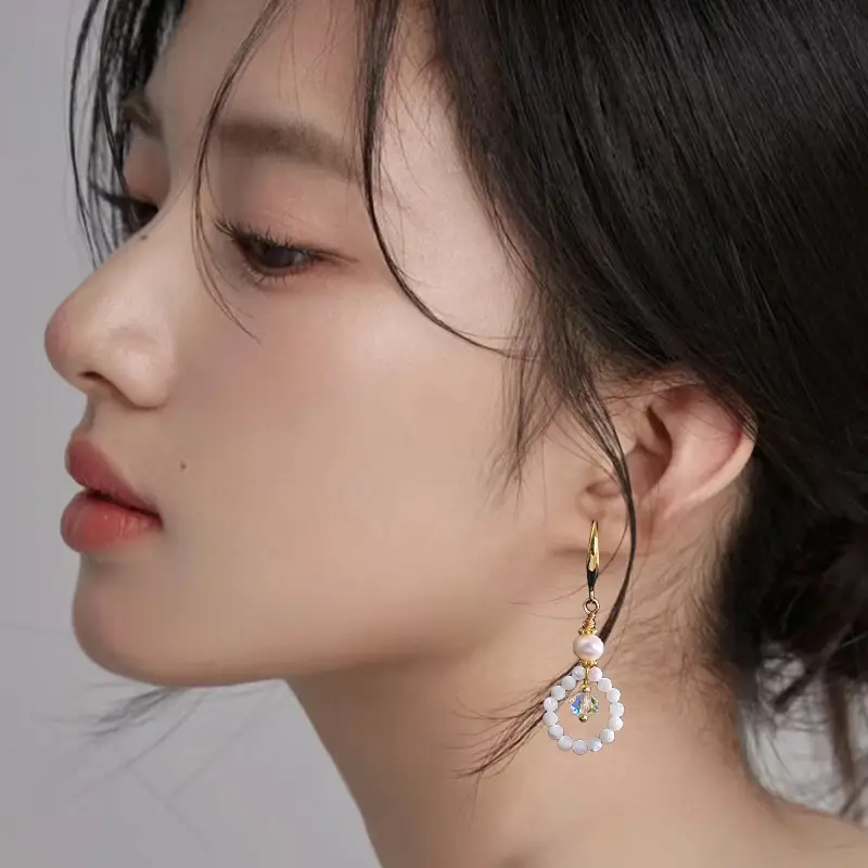 Natural Pearl Crystal Earrings Set Gold Plated — feature 2
