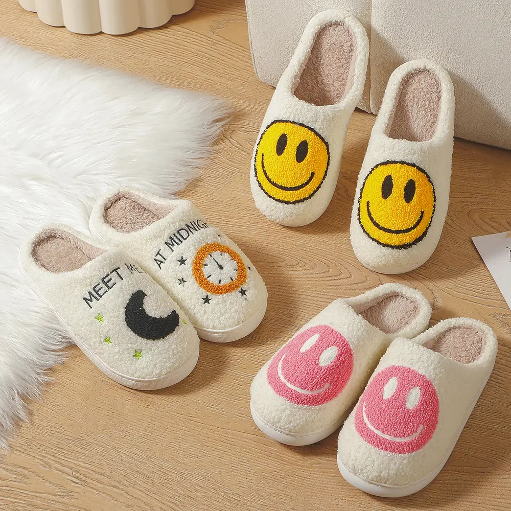 Cross-border Cotton Slippers for Women Autumn and Winter Couple Home Indoor Plush Slippers Non-slip Warm Clock Smiley Cotton Slippers for Men - Image 5