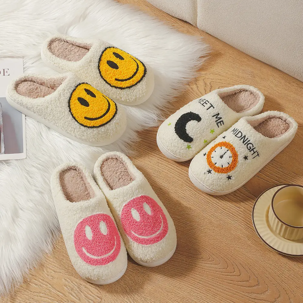 Cross-border Cotton Slippers for Women Autumn and Winter Couple Home Indoor Plush Slippers Non-slip Warm Clock Smiley Cotton Slippers for Men - Image 6