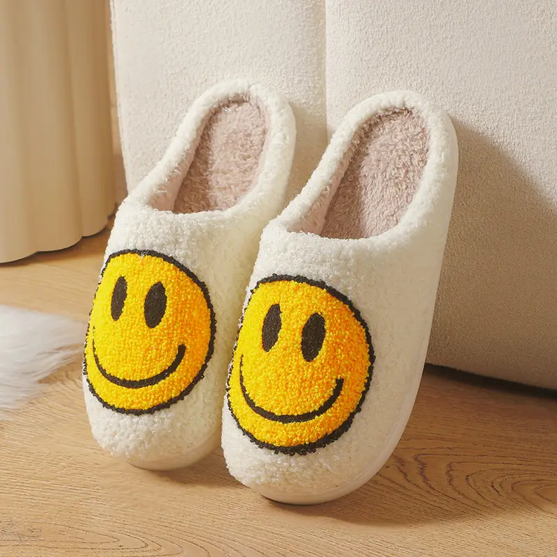 Cross-border Cotton Slippers for Women Autumn and Winter Couple Home Indoor Plush Slippers Non-slip Warm Clock Smiley Cotton Slippers for Men - Image 2