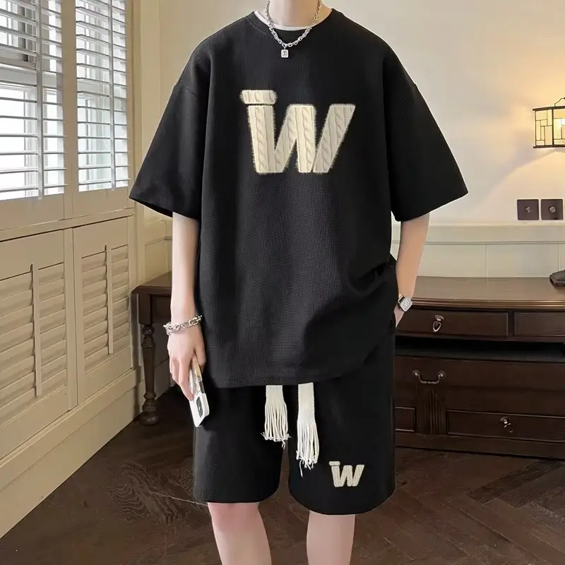 Men Waffle Print Shorts Set Cream Summer Casual - Image 5