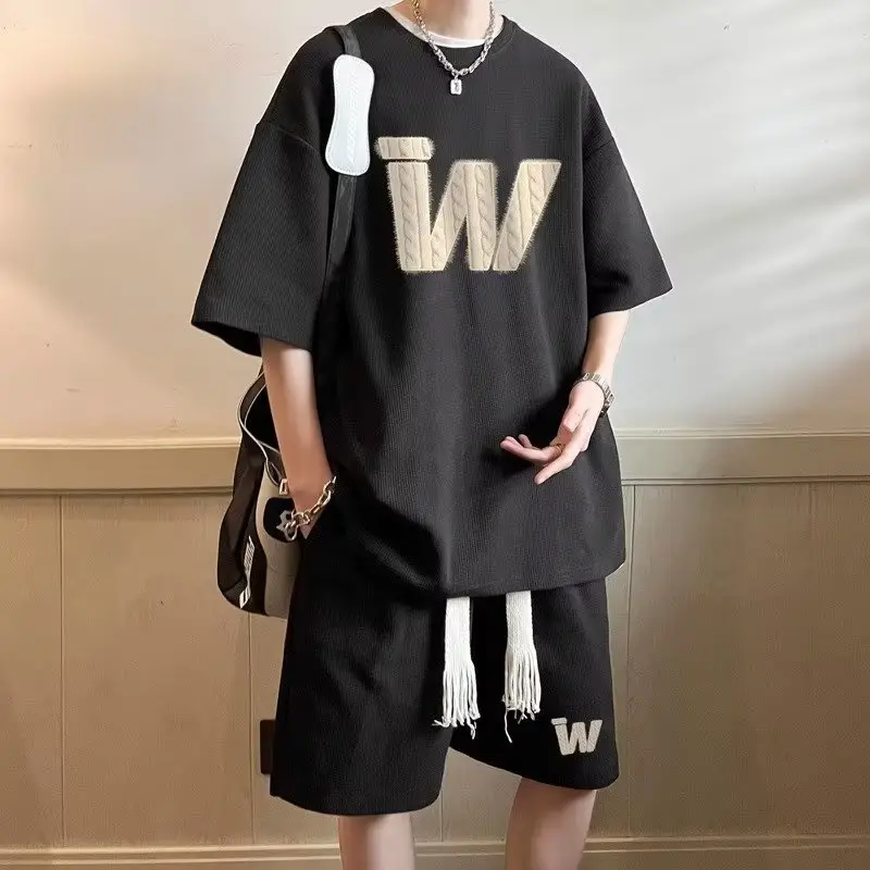 Men Waffle Print Shorts Set Cream Summer Casual - Image 7