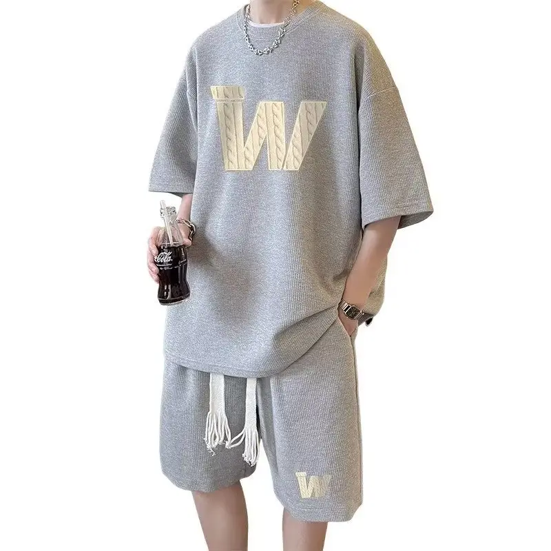 Men Waffle Print Shorts Set Cream Summer Casual - Image 8