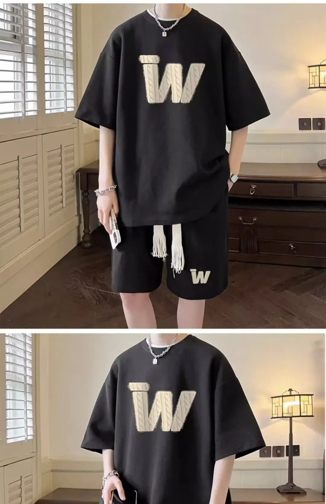 Men Waffle Print Shorts Set Cream Summer Casual — feature 11