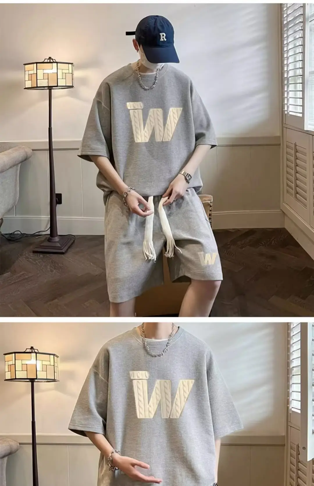 Men Waffle Print Shorts Set Cream Summer Casual — feature 15
