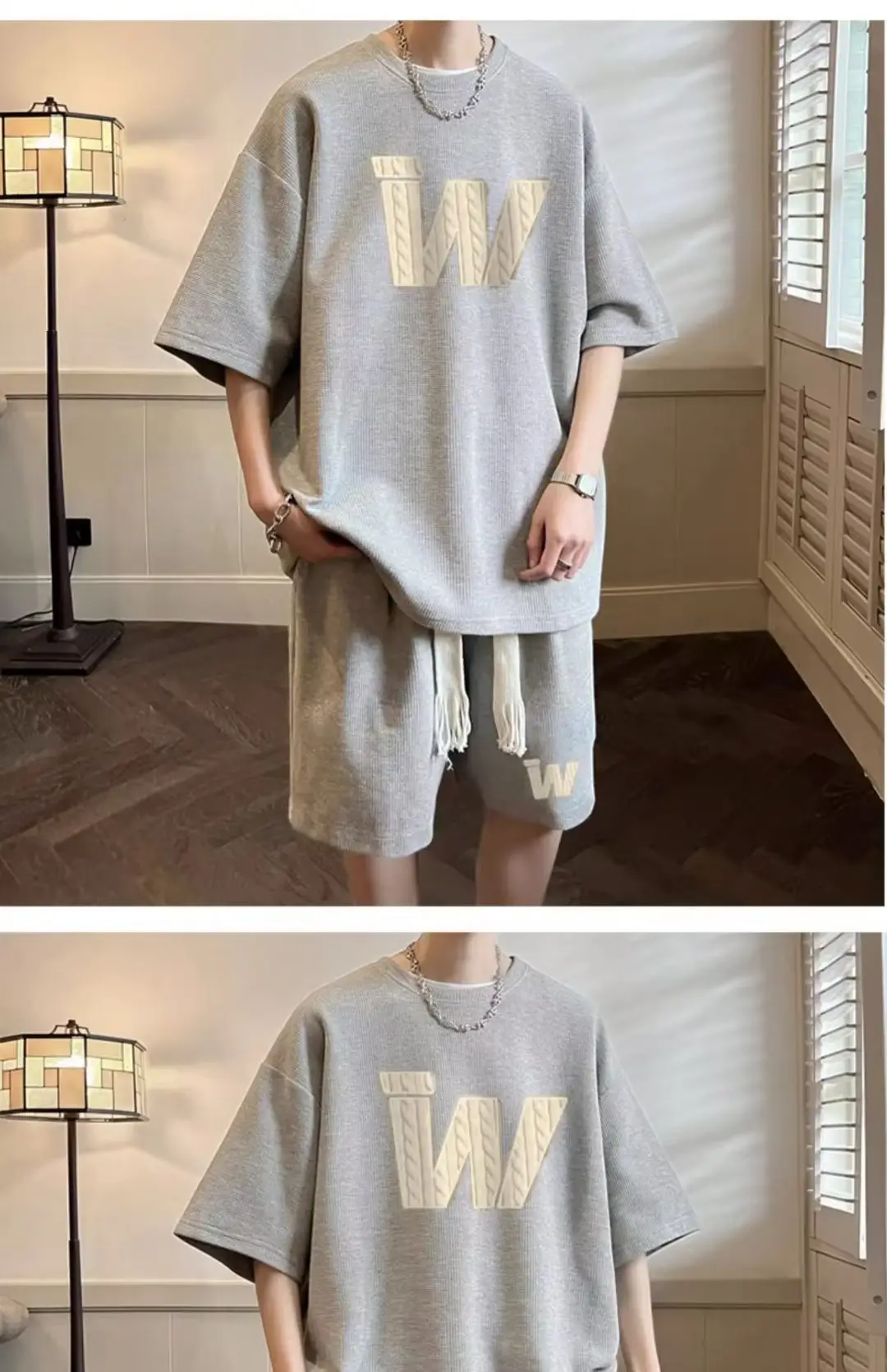 Men Waffle Print Shorts Set Cream Summer Casual — feature 17