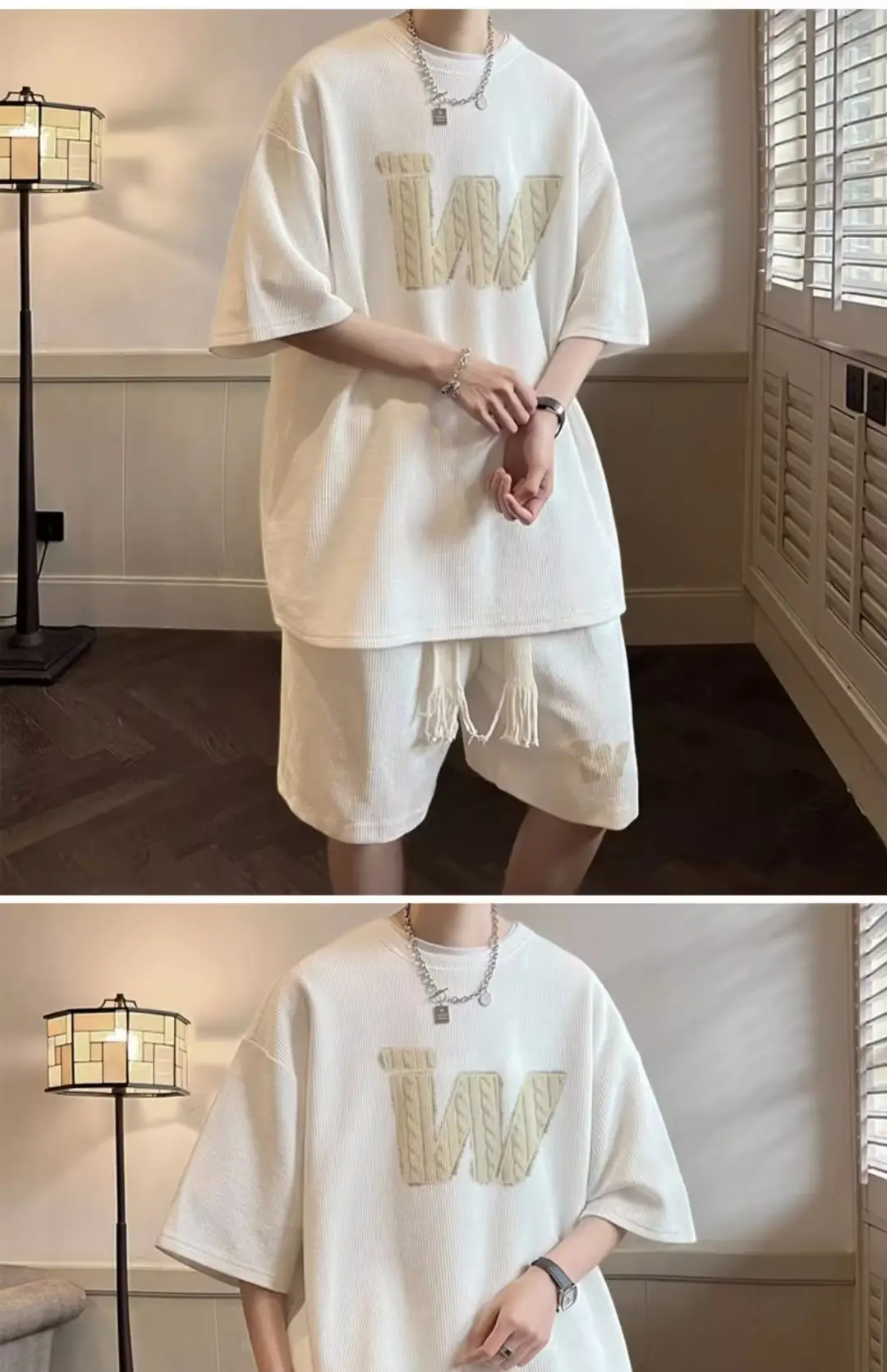 Men Waffle Print Shorts Set Cream Summer Casual — feature 3