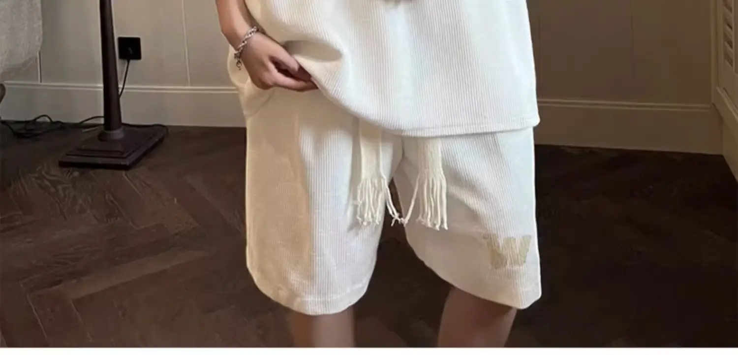 Men Waffle Print Shorts Set Cream Summer Casual — feature 4