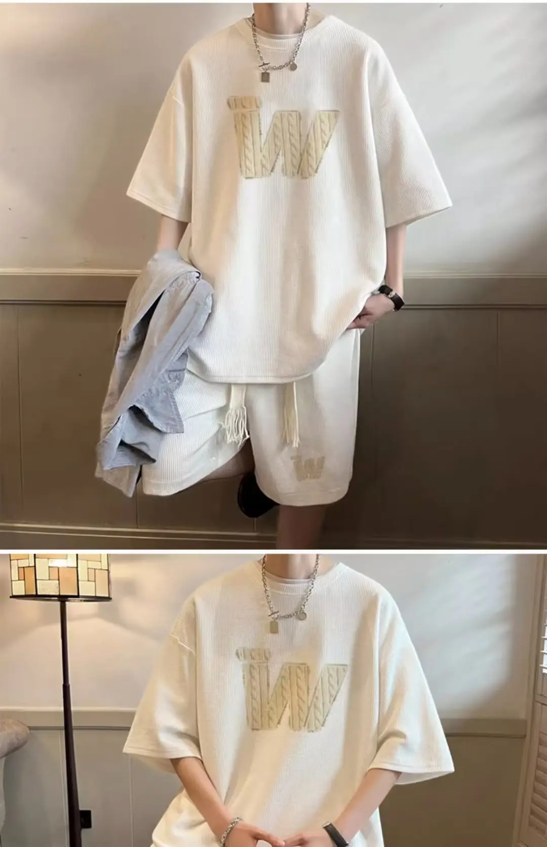 Men Waffle Print Shorts Set Cream Summer Casual — feature 5