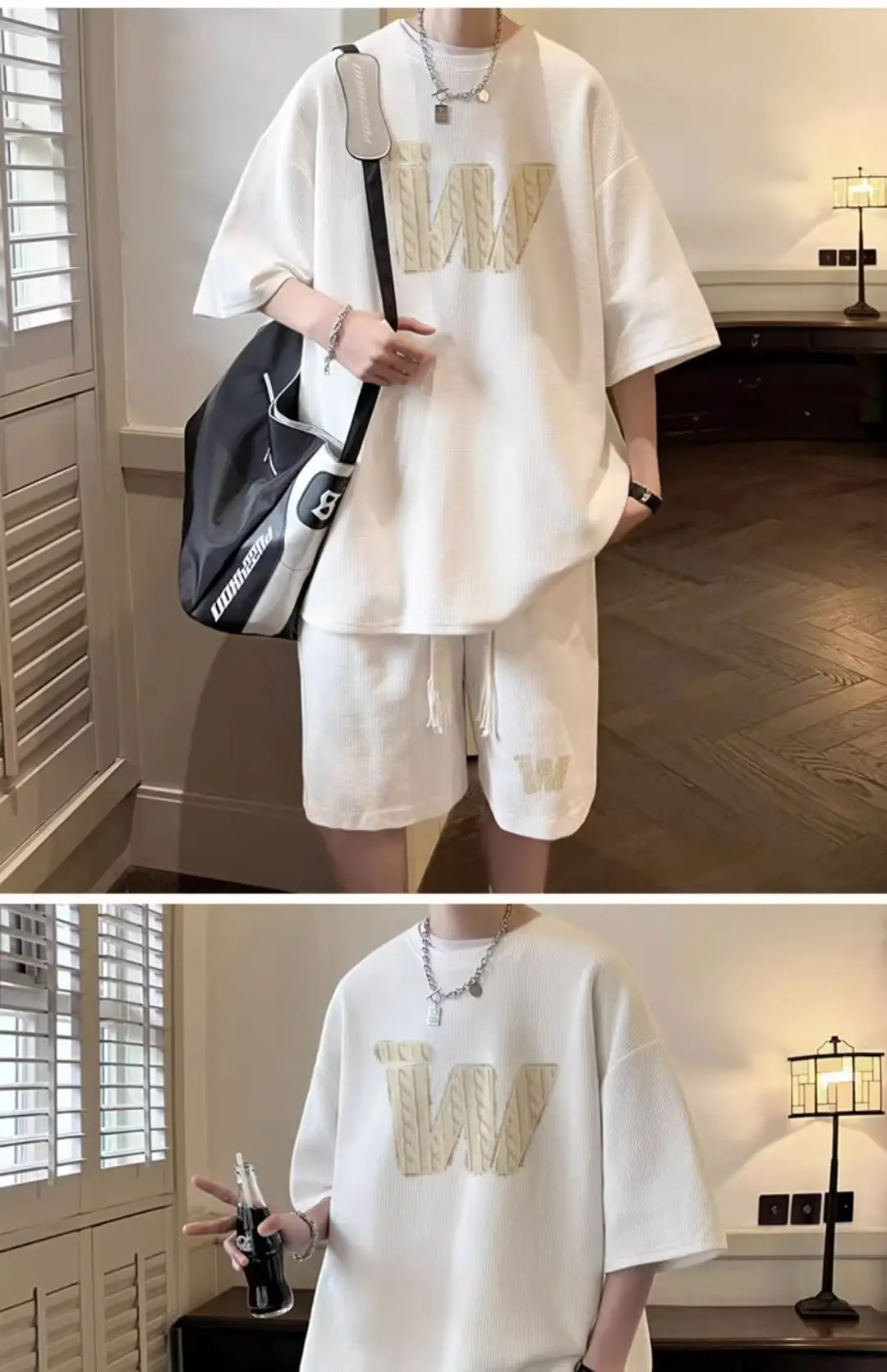 Men Waffle Print Shorts Set Cream Summer Casual — feature 7