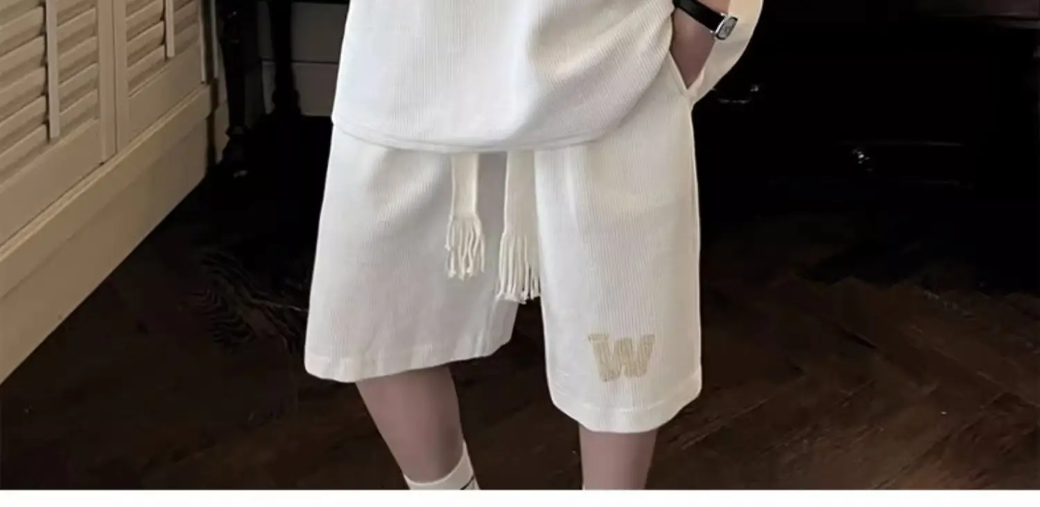 Men Waffle Print Shorts Set Cream Summer Casual — feature 8