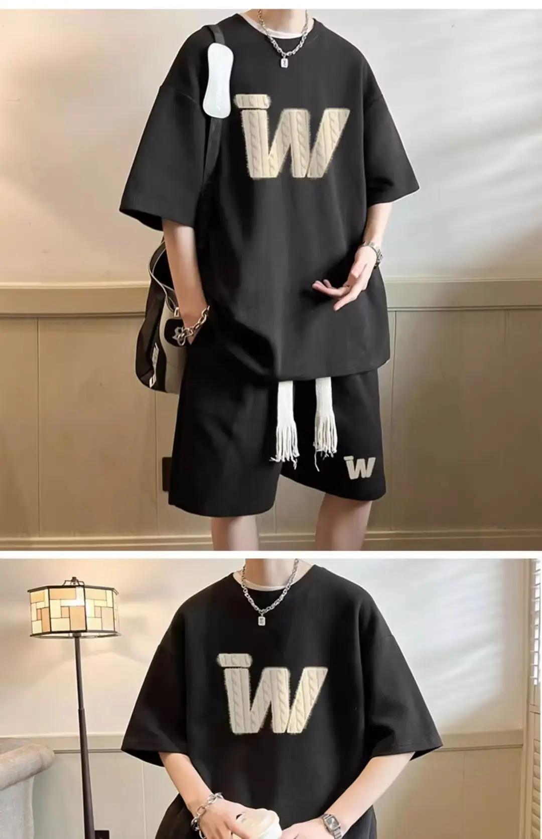 Men Waffle Print Shorts Set Cream Summer Casual — feature 9