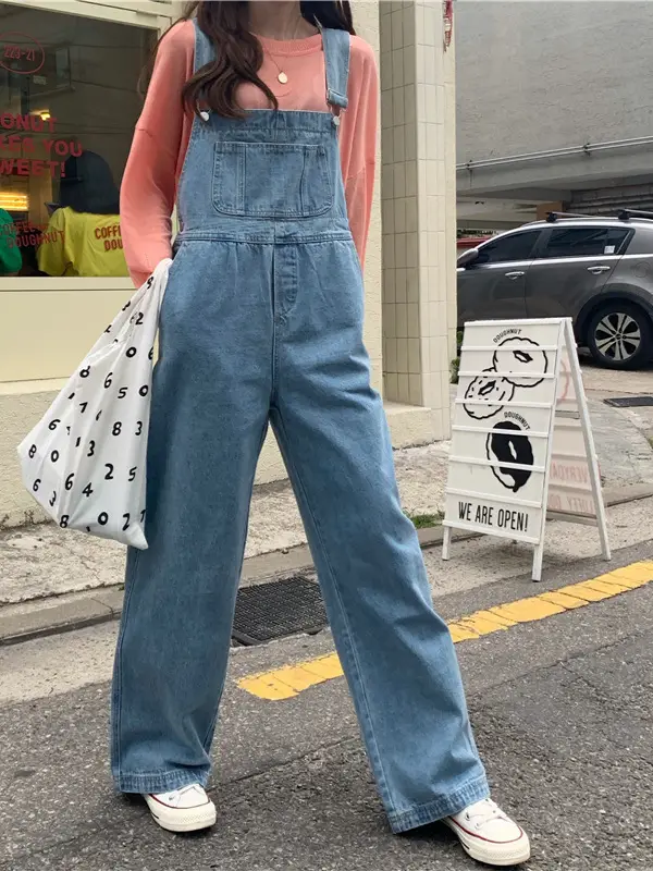 Korean Style Denim Overalls for Women 2025 Spring and Autumn High-Waisted Straight Wide-Leg Floor-Length Jumpsuit with Drape Effect Jeans