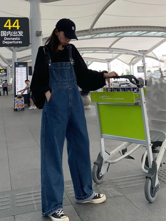 Korean Style Denim Overalls for Women 2025 Spring and Autumn High-Waisted Straight Wide-Leg Floor-Length Jumpsuit with Drape Effect Jeans