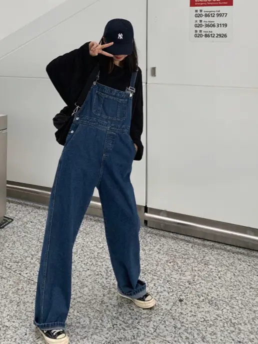 Korean Style Denim Overalls for Women 2025 Spring and Autumn High-Waisted Straight Wide-Leg Floor-Length Jumpsuit with Drape Effect Jeans