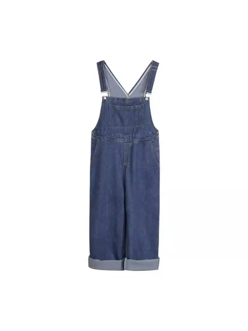 Korean Style Denim Overalls for Women 2025 Spring and Autumn High-Waisted Straight Wide-Leg Floor-Length Jumpsuit with Drape Effect Jeans