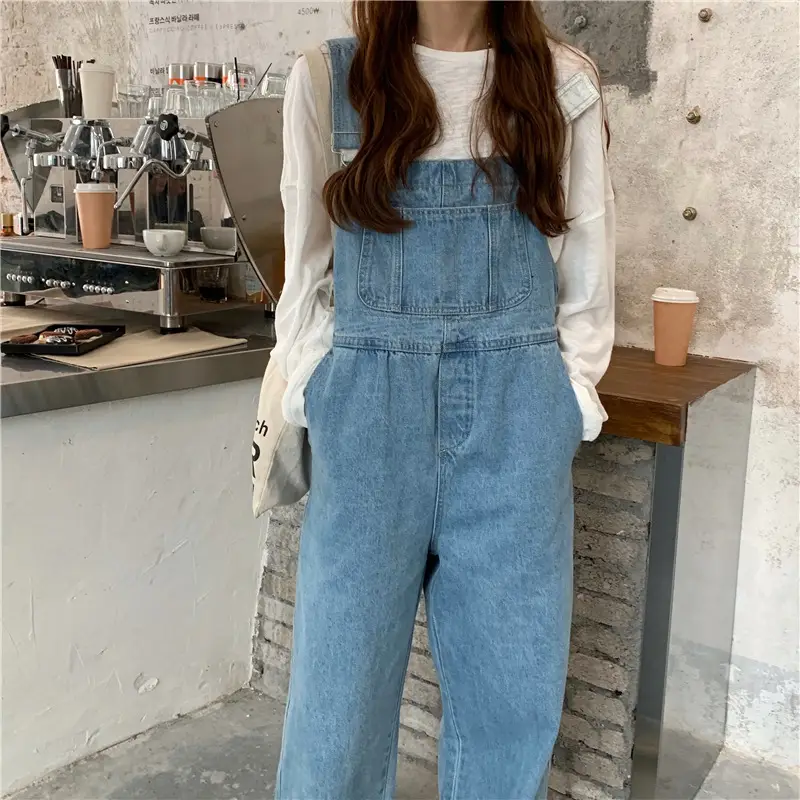 Korean Style Denim Overalls for Women 2025 Spring and Autumn High-Waisted Straight Wide-Leg Floor-Length Jumpsuit with Drape Effect Jeans