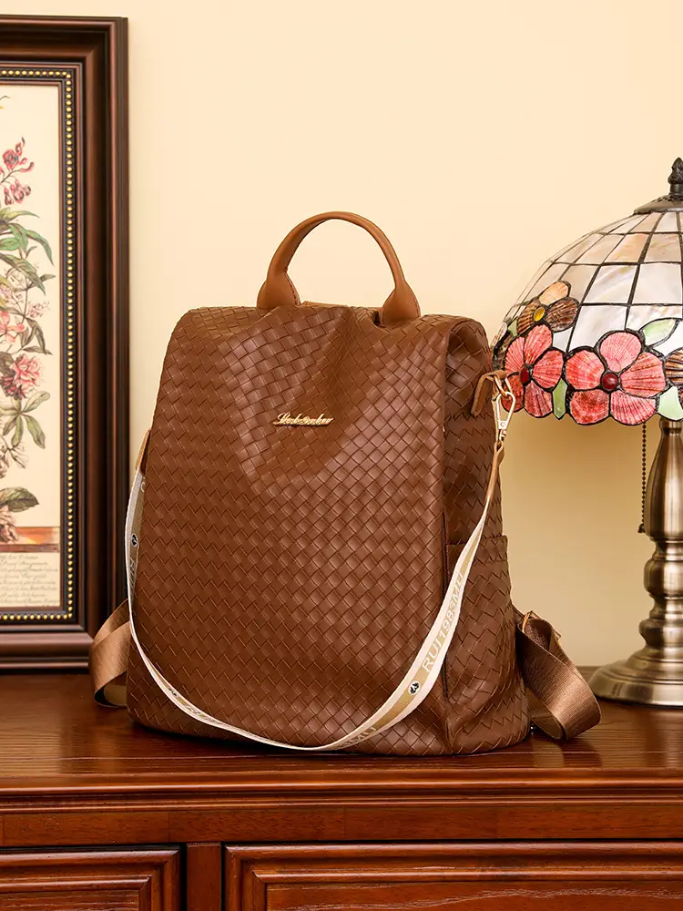 Brown Woven Travel Backpack for Women Large Capacity