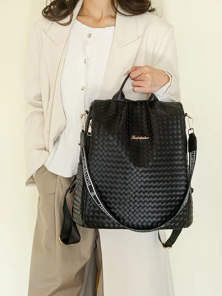 Brown Woven Travel Backpack for Women Large Capacity