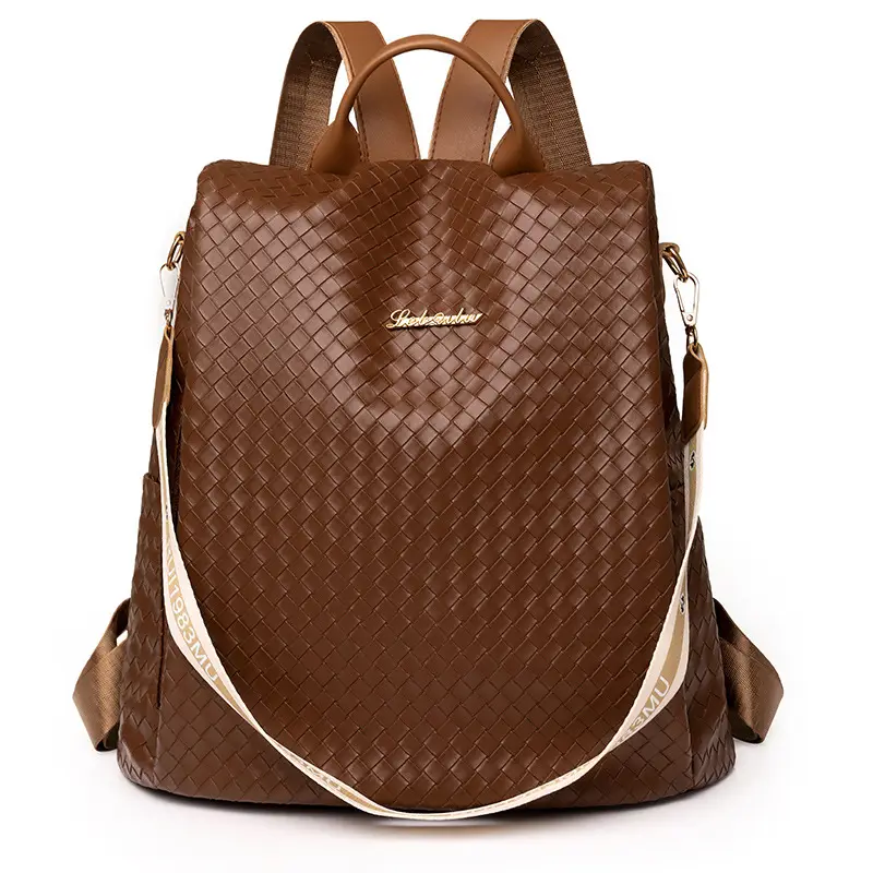 Brown Woven Travel Backpack for Women Large Capacity