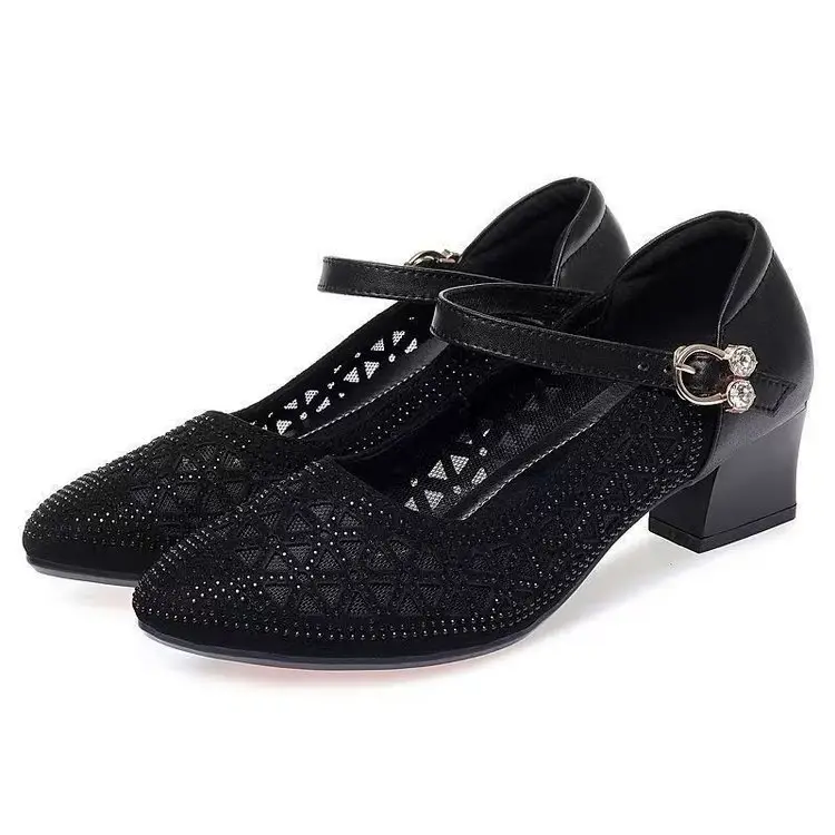 Sandals Women's 2025 New Mid-heel Sandals Mesh Sandals Hole Shoes Hollow Breathable Single-layer Shoes Thick Heeled Soft Sole Mother - Image 7