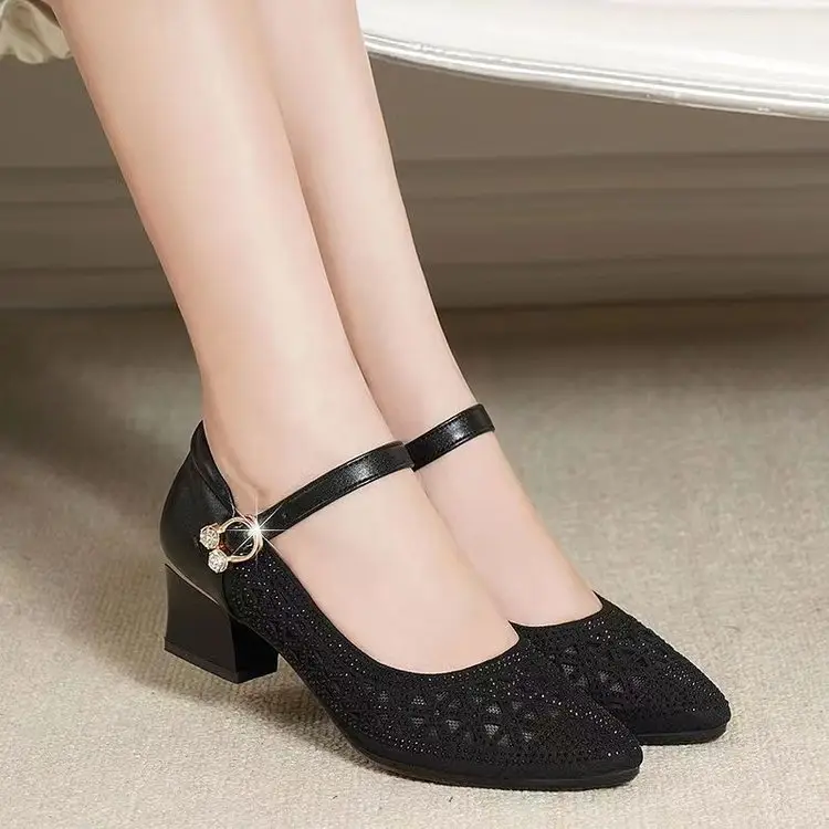 Sandals Women's 2025 New Mid-heel Sandals Mesh Sandals Hole Shoes Hollow Breathable Single-layer Shoes Thick Heeled Soft Sole Mother — feature 7