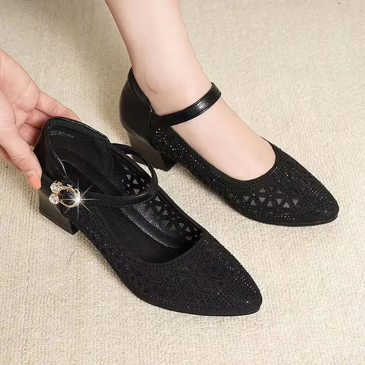 Sandals Women's 2025 New Mid-heel Sandals Mesh Sandals Hole Shoes Hollow Breathable Single-layer Shoes Thick Heeled Soft Sole Mother — feature 8