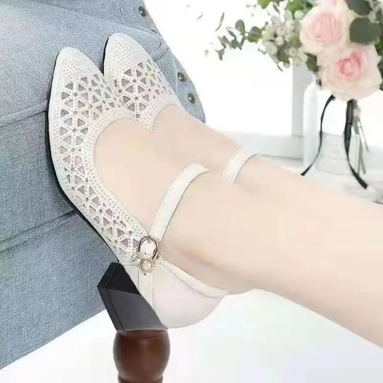 Sandals Women's 2025 New Mid-heel Sandals Mesh Sandals Hole Shoes Hollow Breathable Single-layer Shoes Thick Heeled Soft Sole Mother — feature 9