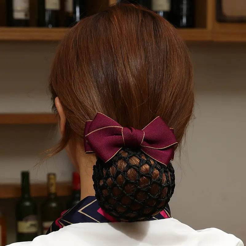 Maroon Bow Hair Net Pocket Female Flight Attendant Headwear - Image 19