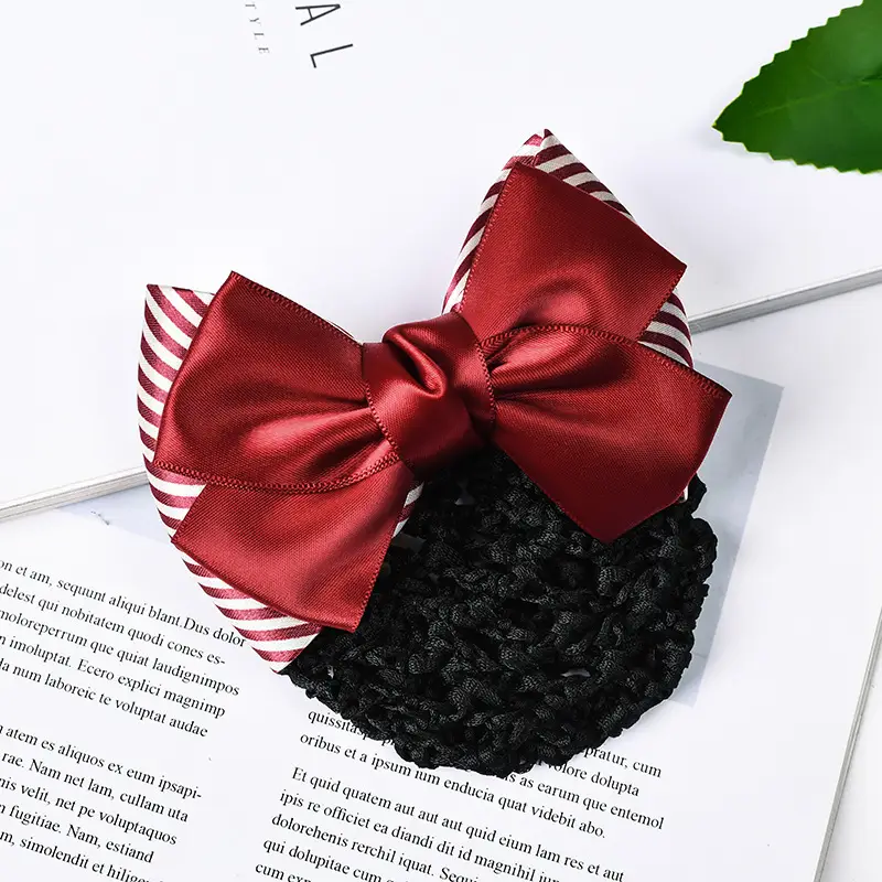 Maroon Bow Hair Net Pocket Female Flight Attendant Headwear - Image 48