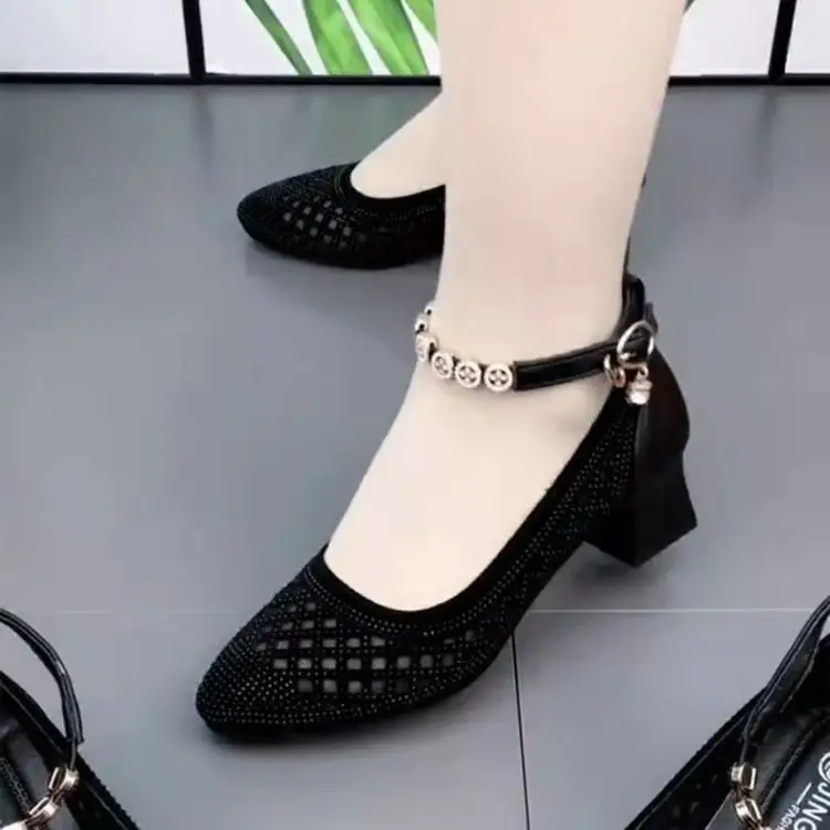 Hollow Mesh Breathable Sandals Women's 2025 Summer New Pointed Middle-aged Mother Shoes Mid-heel Square Dance Shoes — feature 10