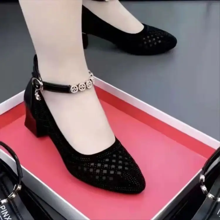 Hollow Mesh Breathable Sandals Women's 2025 Summer New Pointed Middle-aged Mother Shoes Mid-heel Square Dance Shoes — feature 11